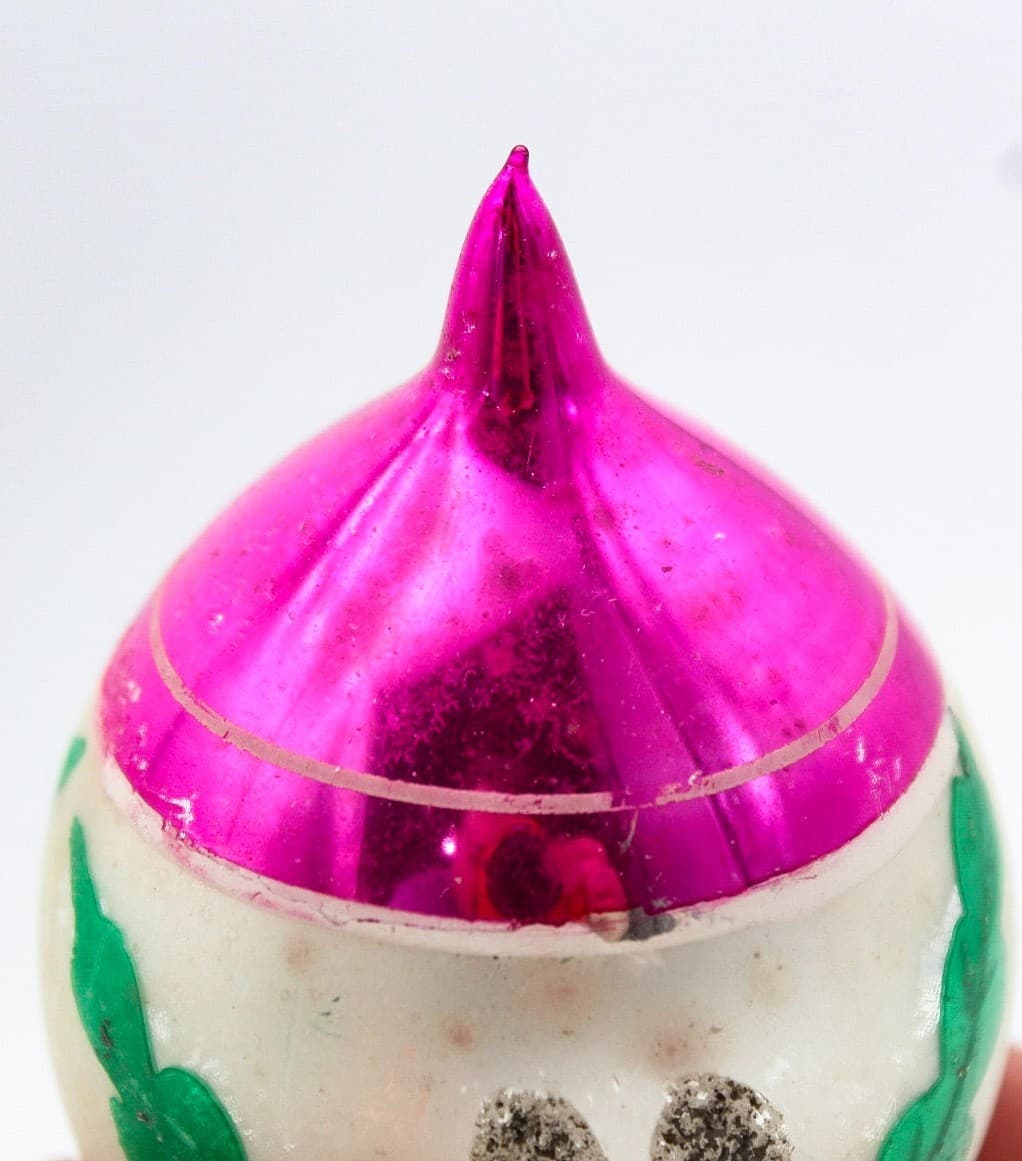Poland Teardrop Pink Hand Painted Mica Pine Bought Glass Christmas Ornament Vtg - Thumbnail 3