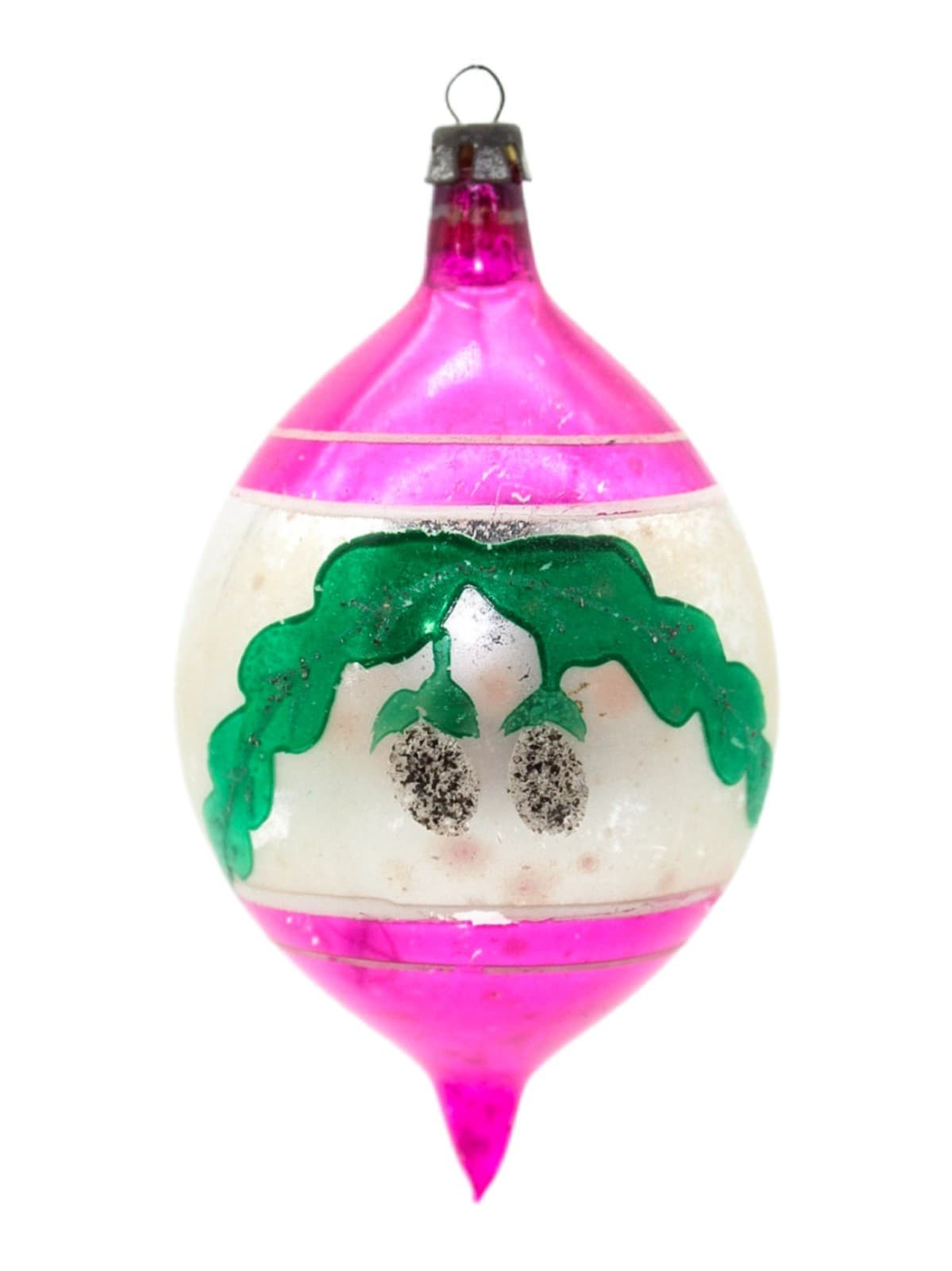 Poland Teardrop Pink Hand Painted Mica Pine Bought Glass Christmas Ornament Vtg - Image 1