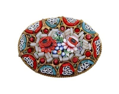 Antique Micro Mosaic Italy Venetian Pink & Red Floral Motif Oval Pin Brooch - Image 1