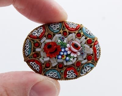 Antique Micro Mosaic Italy Venetian Pink & Red Floral Motif Oval Pin Brooch - Thumbnail 5