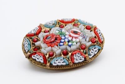 Antique Micro Mosaic Italy Venetian Pink & Red Floral Motif Oval Pin Brooch - Thumbnail 3