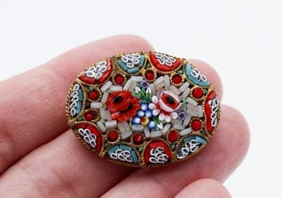 Antique Micro Mosaic Italy Venetian Pink & Red Floral Motif Oval Pin Brooch - Thumbnail 2