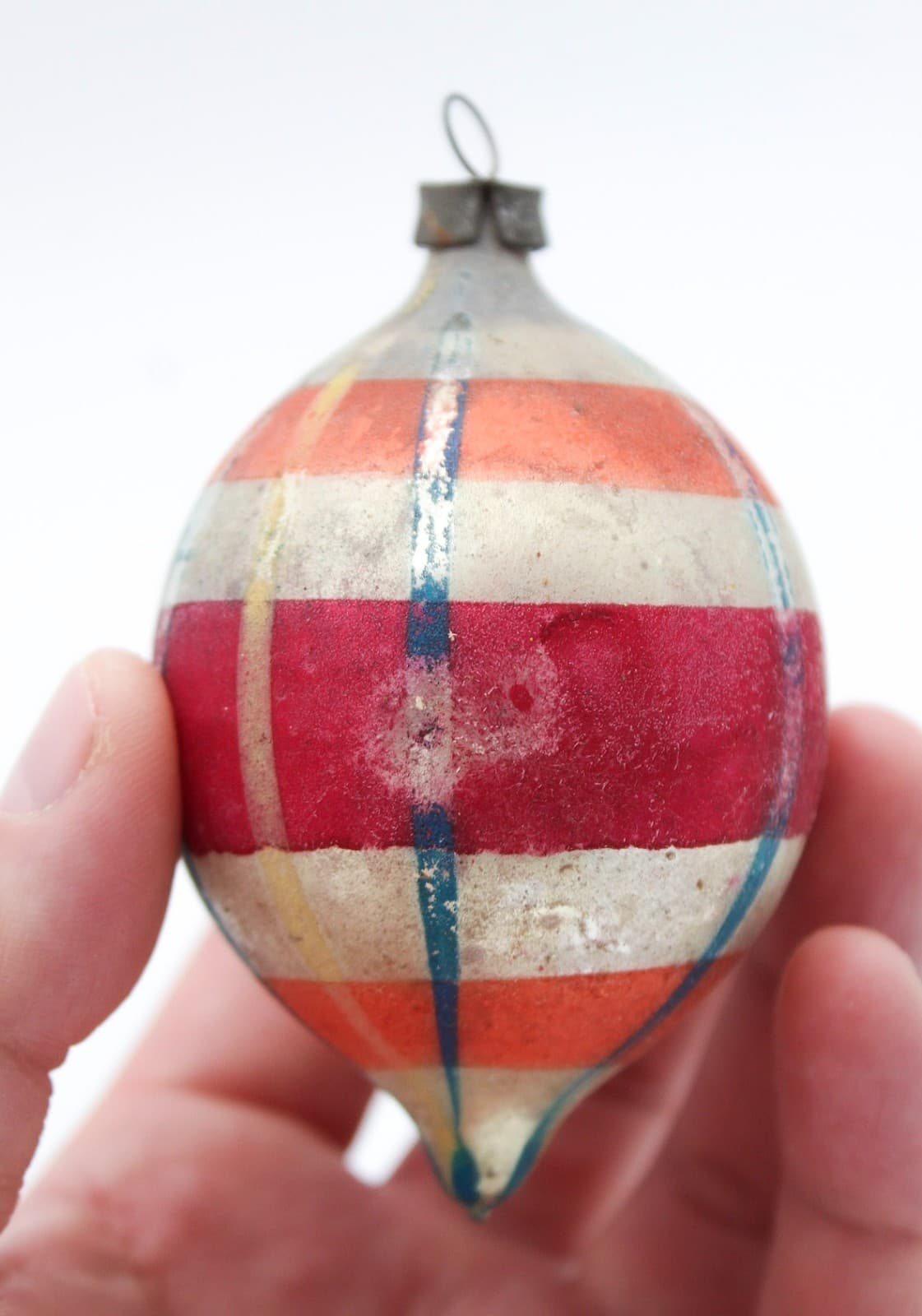 Vintage Poland Hand Painted Teardrop Striped Pattern Glass Christmas Ornament - Thumbnail 2