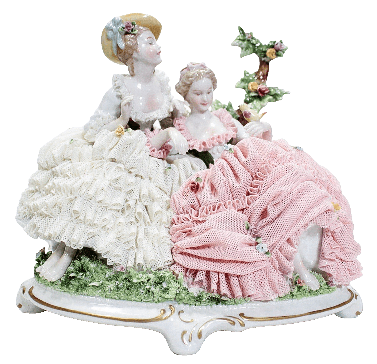 Antique Unter Weiss Bach Large Dresden Laced Hand Painted Sisters Figure - Image 1