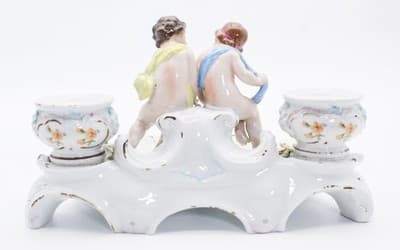 Antique Sitzendorf Hallmarked Hand Painted Porcelain Center Piece Putti Inkwell - Thumbnail 10