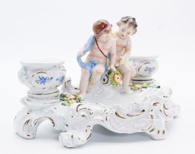 Antique Sitzendorf Hallmarked Hand Painted Porcelain Center Piece Putti Inkwell - Thumbnail 5