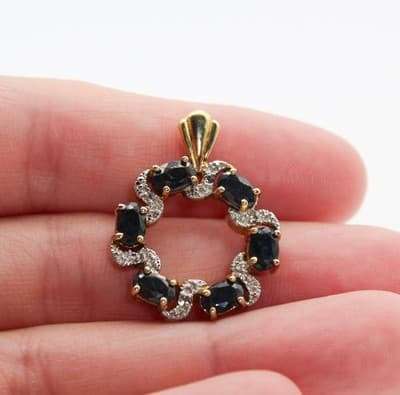Vintage Sterling Silver Vermeil Dark Blue Sapphire Pave CZ Pendant - Thumbnail 2