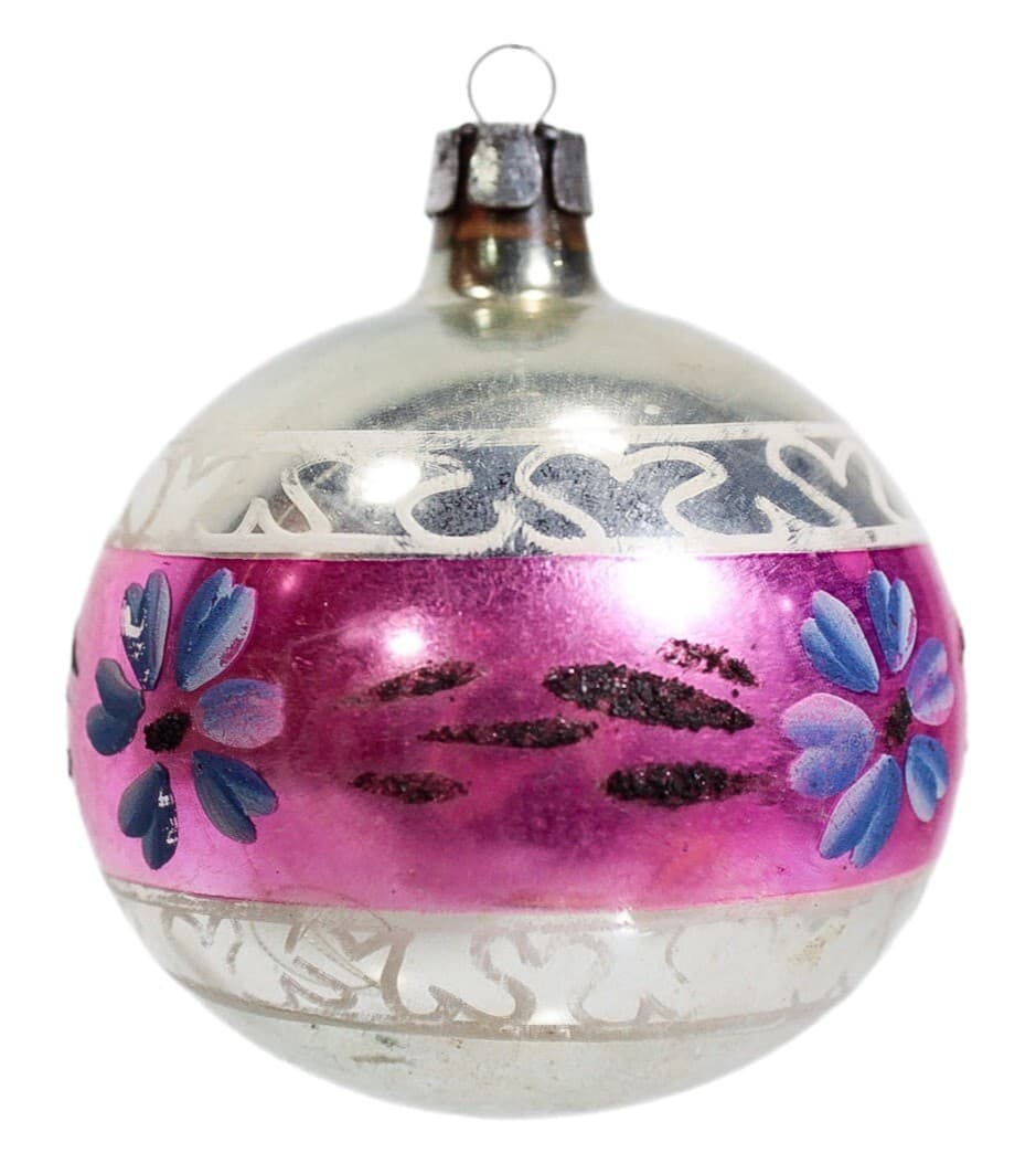 Vintage Poland Hand Painted Pink & Blue Flower Stripe Glass Christmas Ornament - Image 1