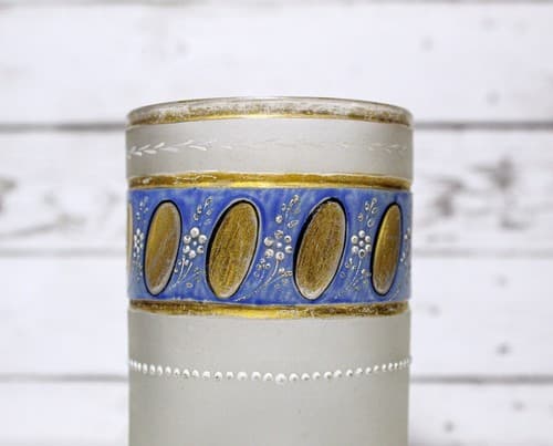Antique Frosted Glass Blue & Gold Gilt Floral Glass Hand Painted Jeweled Tumbler - Thumbnail 3