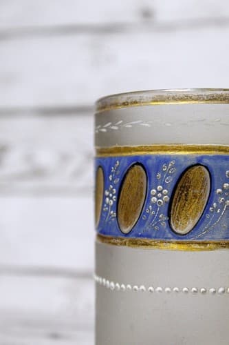 Antique Frosted Glass Blue & Gold Gilt Floral Glass Hand Painted Jeweled Tumbler - Thumbnail 5