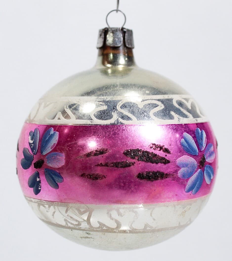 Vintage Poland Hand Painted Pink & Blue Flower Stripe Glass Christmas Ornament - Thumbnail 5