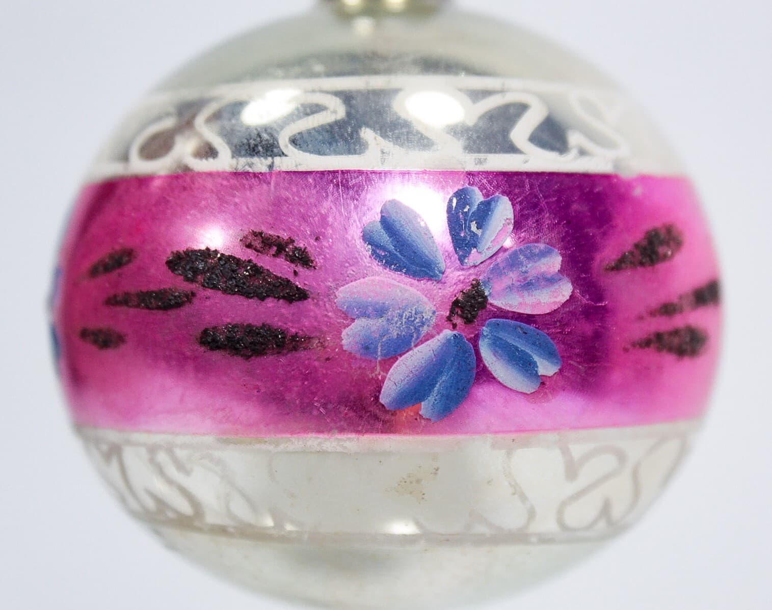 Vintage Poland Hand Painted Pink & Blue Flower Stripe Glass Christmas Ornament - Thumbnail 2
