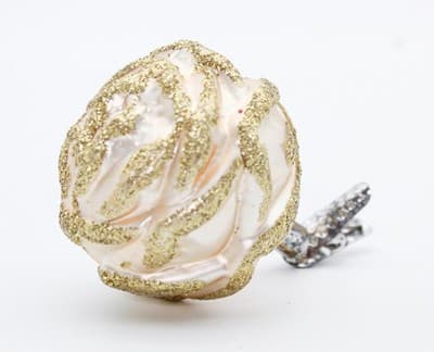 Germany Beige Rose Flower Gold Glitter Glass Clip-On Christmas Ornament Vintage - Thumbnail 6
