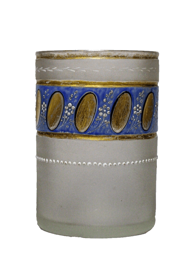 Antique Frosted Glass Blue & Gold Gilt Floral Glass Hand Painted Jeweled Tumbler - Image 1