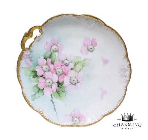 Antique French Limoges Hand Painted Floral Gold Rimmed Serving Porcelain Plate - Image 1