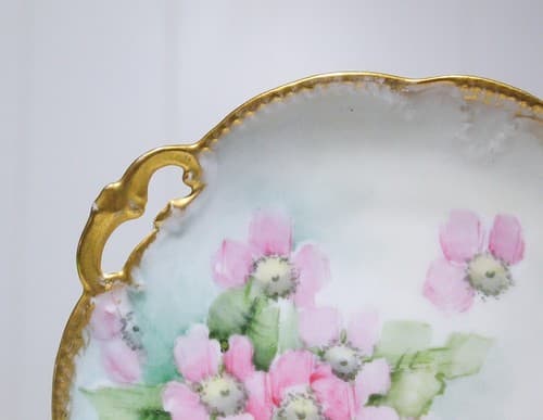 Antique French Limoges Hand Painted Floral Gold Rimmed Serving Porcelain Plate - Thumbnail 4