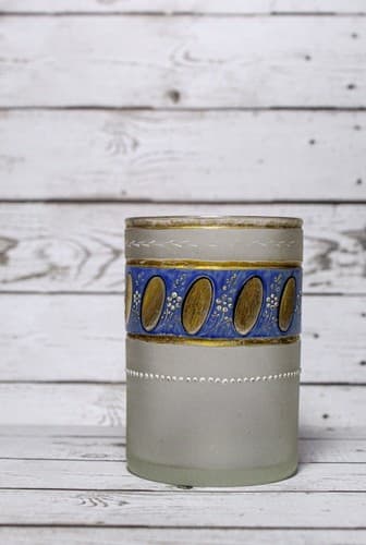 Antique Frosted Glass Blue & Gold Gilt Floral Glass Hand Painted Jeweled Tumbler - Thumbnail 8