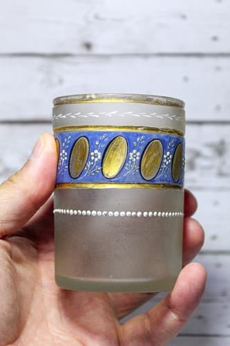 Antique Frosted Glass Blue & Gold Gilt Floral Glass Hand Painted Jeweled Tumbler - Thumbnail 2