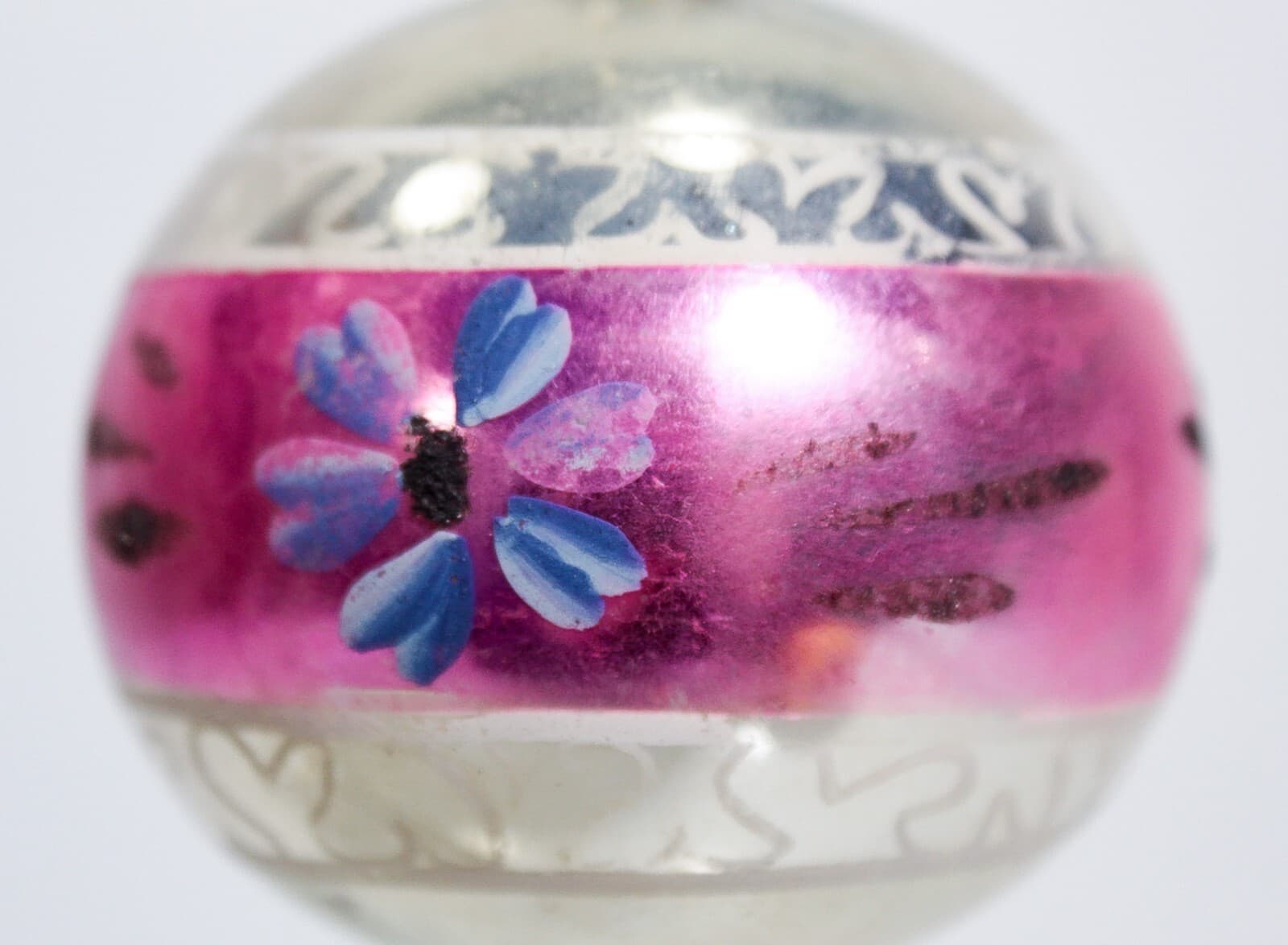Vintage Poland Hand Painted Pink & Blue Flower Stripe Glass Christmas Ornament - Thumbnail 4