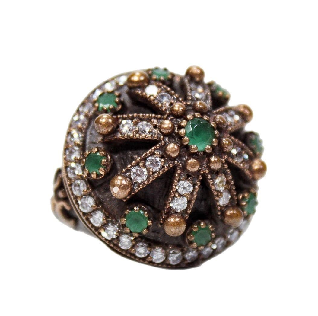 Vintage Sterling Silver & Brass Dome Authentic Emerald Cocktail Ring Size 6.5 - Image 1