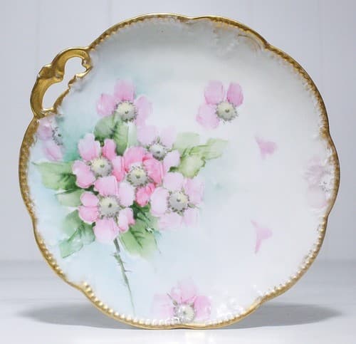 Antique French Limoges Hand Painted Floral Gold Rimmed Serving Porcelain Plate - Thumbnail 2