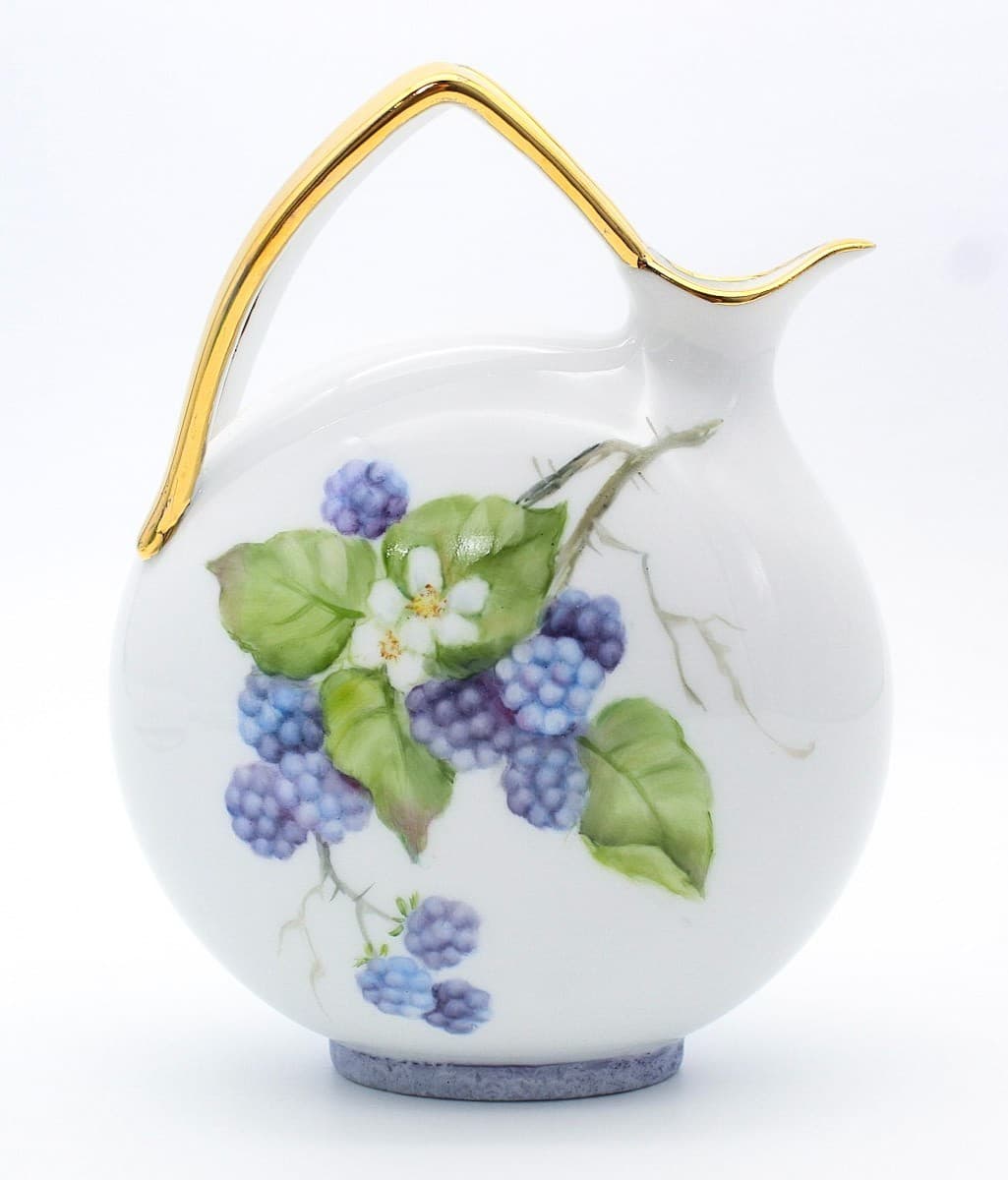 Vintage Hand Painted Flowers & Fruits Gilt Porcelain Vase Jug By Christine Filpi - Thumbnail 2
