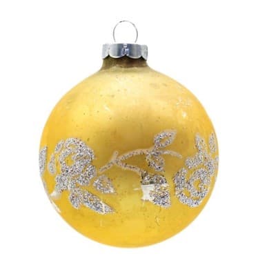 Shiny Brite Vintage Yellow Silver Mica Floral Motif Glass Christmas Ornament - Image 1
