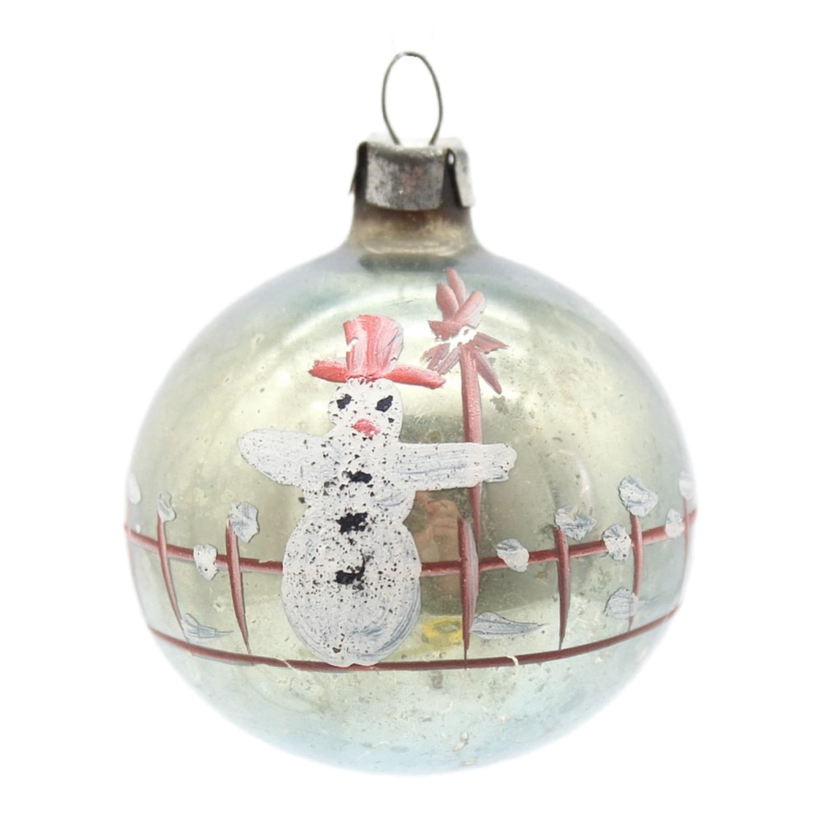 Vintage Poland Blown Glass Snowman With Broom Hand Painted Christmas Ornament - Image 1