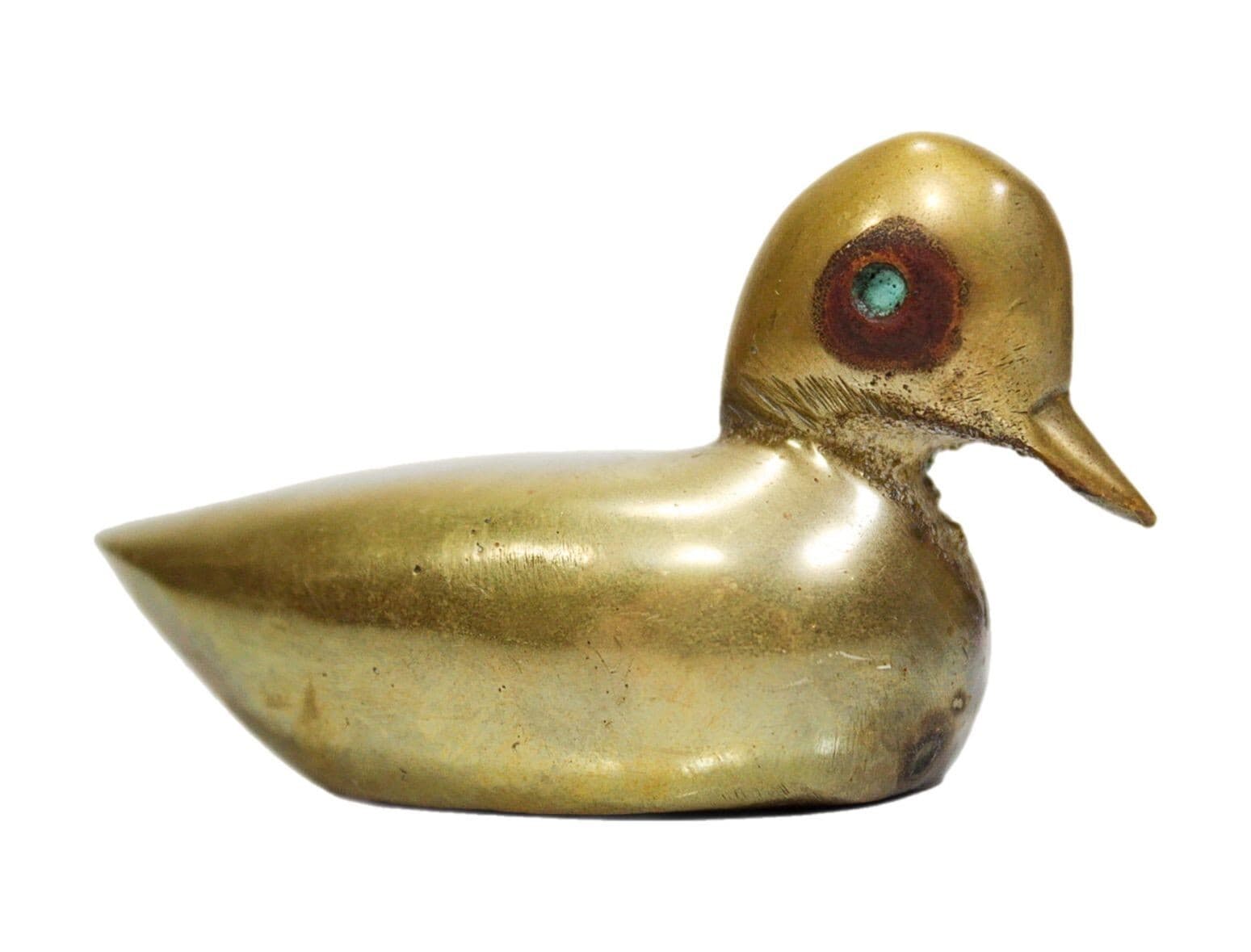 Vintage Handmade Brass Small Duck Paperwight Sculpture With Turquoise Eye - Image 1