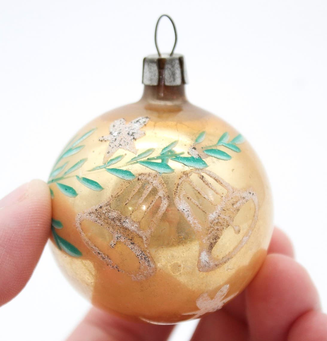 Vintage Poland Hand Painted Mica Jingle Bells Ball Glass Christmas Ornament - Thumbnail 2
