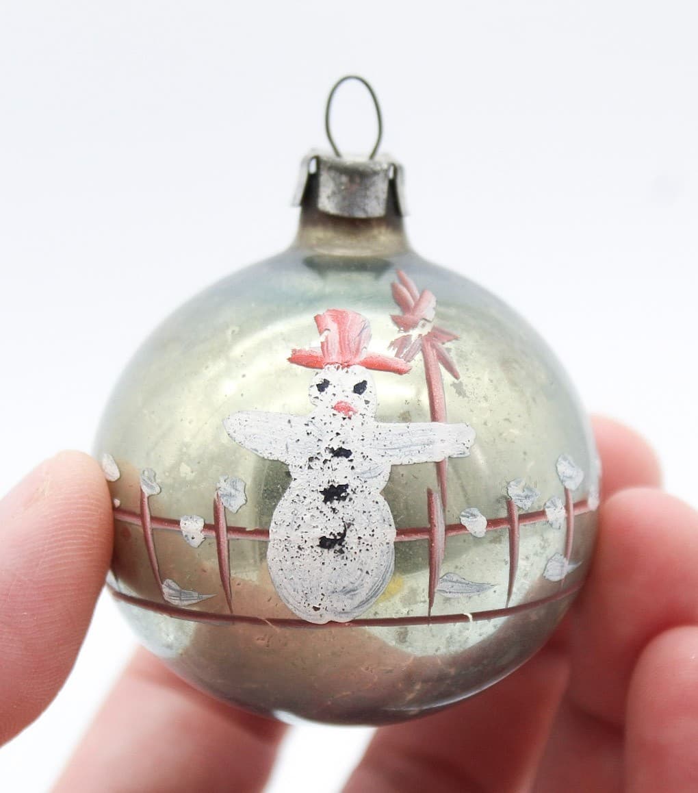 Vintage Poland Blown Glass Snowman With Broom Hand Painted Christmas Ornament - Thumbnail 2