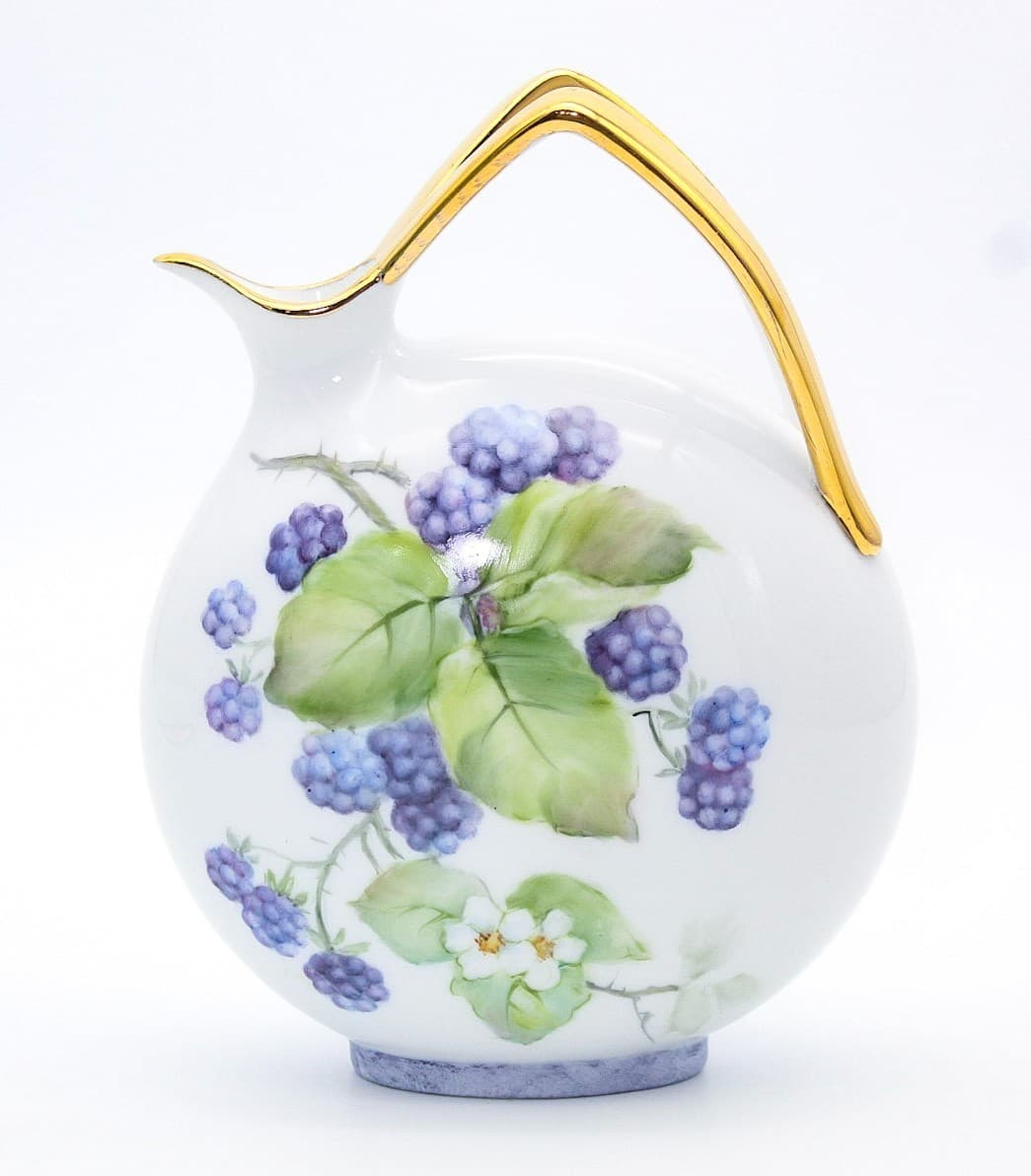 Vintage Hand Painted Flowers & Fruits Gilt Porcelain Vase Jug By Christine Filpi - Thumbnail 8