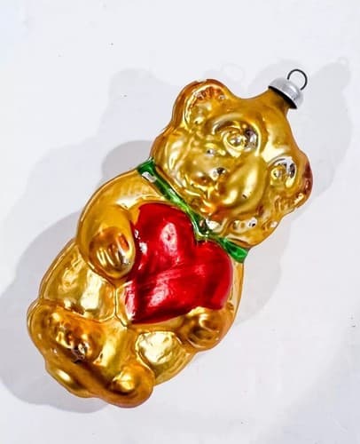 Vintage Figural Gold Teddy Bear With Heart West Germany Blown Glass Ornament - Thumbnail 3