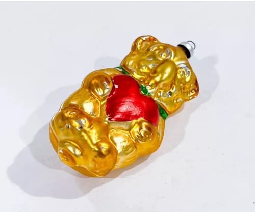 Vintage Figural Gold Teddy Bear With Heart West Germany Blown Glass Ornament - Thumbnail 2