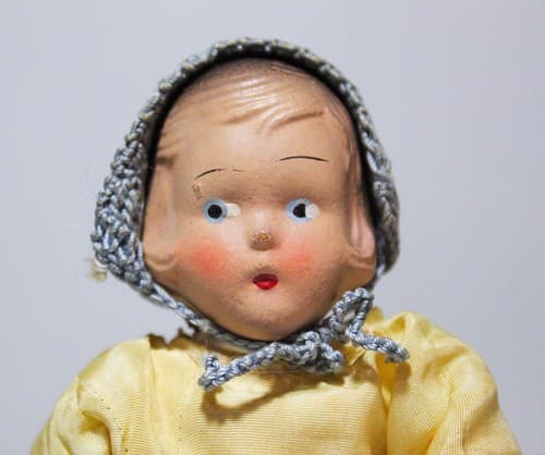 Vintage Antique Hard Plastic Hand Painted Face Crochet Hat Doll Toy - Thumbnail 2