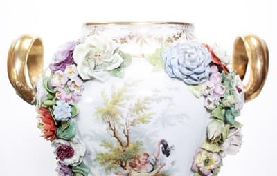 Antique 19th C Germany DRESDEN Hand Painted Floral Handled Large Vase Urn - Thumbnail 2