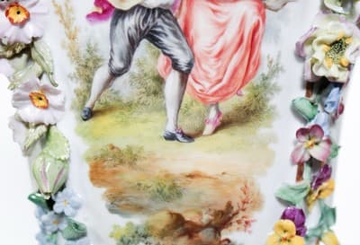 Antique 19th C Germany DRESDEN Hand Painted Floral Handled Large Vase Urn - Thumbnail 4