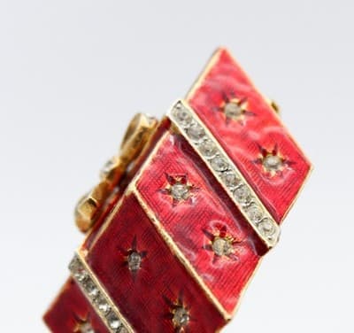 Neiman Marcus Vintage Red Enamel Rhinestone Christmas Present Gift Pin Brooch - Thumbnail 3
