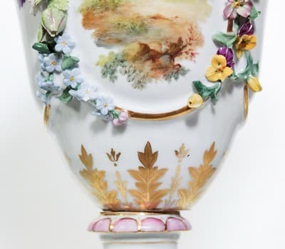 Antique 19th C Germany DRESDEN Hand Painted Floral Handled Large Vase Urn - Thumbnail 5