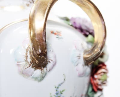 Antique 19th C Germany DRESDEN Hand Painted Floral Handled Large Vase Urn - Thumbnail 18