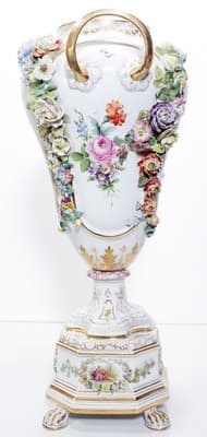 Antique 19th C Germany DRESDEN Hand Painted Floral Handled Large Vase Urn - Thumbnail 13