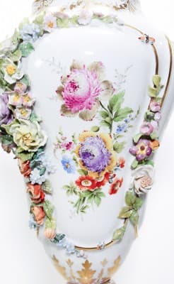 Antique 19th C Germany DRESDEN Hand Painted Floral Handled Large Vase Urn - Thumbnail 16