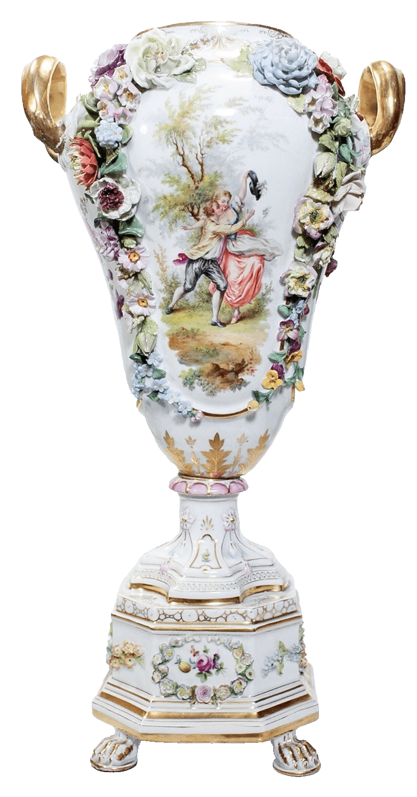 Antique 19th C Germany DRESDEN Hand Painted Floral Handled Large Vase Urn - Image 1