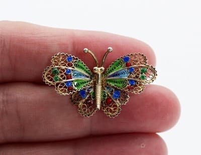 Vtg 800 European Silver Vermeil Multicolor Enamel Filigree Butterfly Pin Brooch - Thumbnail 2