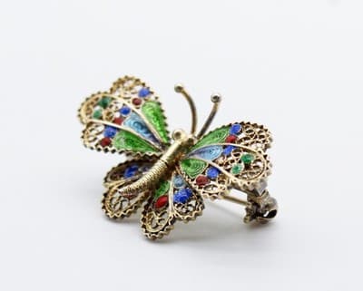 Vtg 800 European Silver Vermeil Multicolor Enamel Filigree Butterfly Pin Brooch - Thumbnail 5