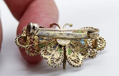 Vtg 800 European Silver Vermeil Multicolor Enamel Filigree Butterfly Pin Brooch - Thumbnail 3