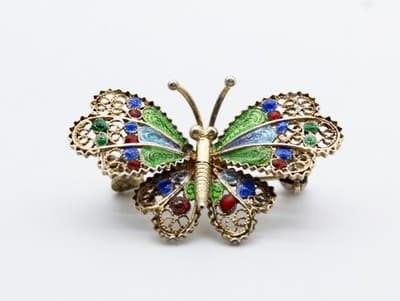 Vtg 800 European Silver Vermeil Multicolor Enamel Filigree Butterfly Pin Brooch - Thumbnail 6