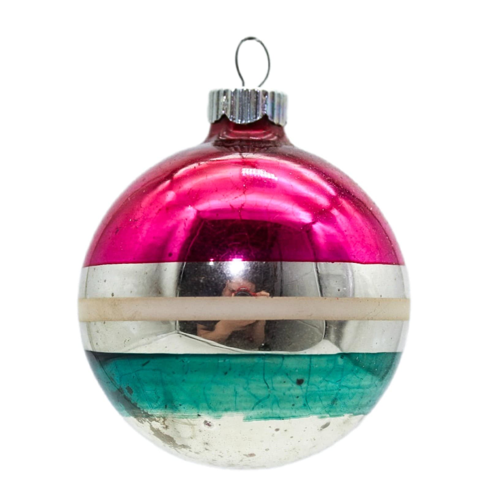 Shiny Brite Vintage Silvered Pink Green Striped Ball Glass Christmas Ornament - Image 1