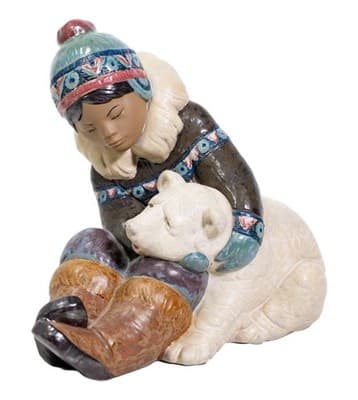 Vintage LLADRO Spain Eskimo Playing w/ Cub Hand Painted Pottery Figure - Image 1