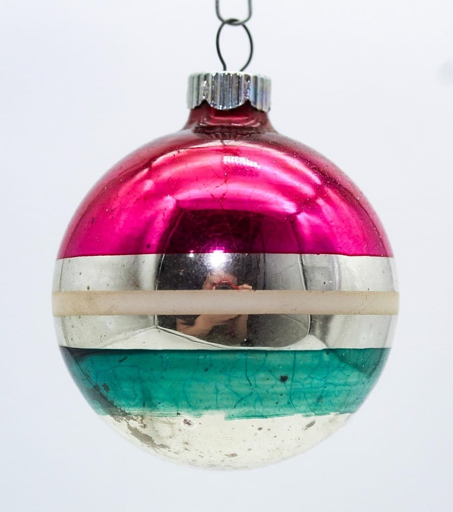 Shiny Brite Vintage Silvered Pink Green Striped Ball Glass Christmas Ornament - Thumbnail 7